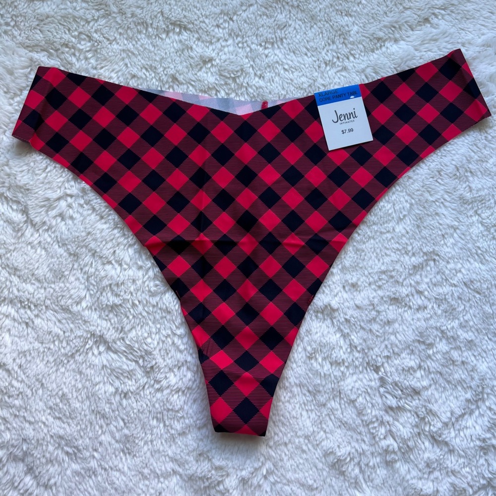 Jenni Intimates Women's Red Black Buffalo Plaid Seamless Thong Panty Size XL New